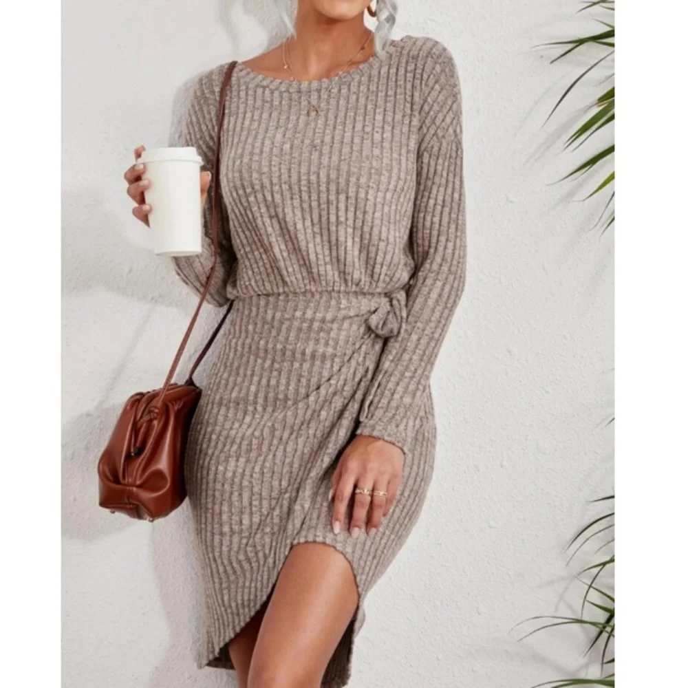 Pink  ribbed knit wrap tie side long sleeve dress